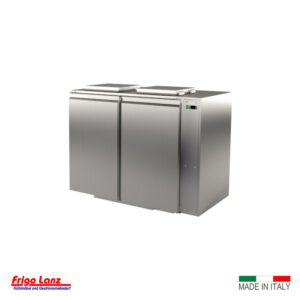 Konfiskatkühler zentralgekühlt - Mod. RW 2 PD - ohne Boden - ohne Aggregat mit E-Ventil R513a - mit 2 Drehtüren und Intallationsfach rechts, Abm.: 1600 x 885 x 1210 /H mm, Fassungsvermögen: 2 Stk Mülltonnen á 120 oder 240 lt, Fabr. PRIMAX