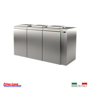 Konfiskatkühler zentralgekühlt - Mod. RW 3 PD - ohne Boden - ohne Aggregat mit E-Ventil R513a - mit 2 Drehtüren und Intallationsfach rechts, Abm.: 2250 x 885 x 1210 /H mm, Fassungsvermögen: 3 Stk Mülltonnen á 120 oder 240 lt, Fabr. PRIMAX