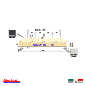 Sandwich-Dachpaneel Serie Isocop 5G - Isolationsstärke 40 mm - PUR2/Bs2d0 - Länge nach Kundenwunsch